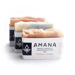Load image into Gallery viewer, Three bars, 1 each of vanilla, sandalwood, and lavendar, of Amana Beef Tallow Soap,  on a white background
